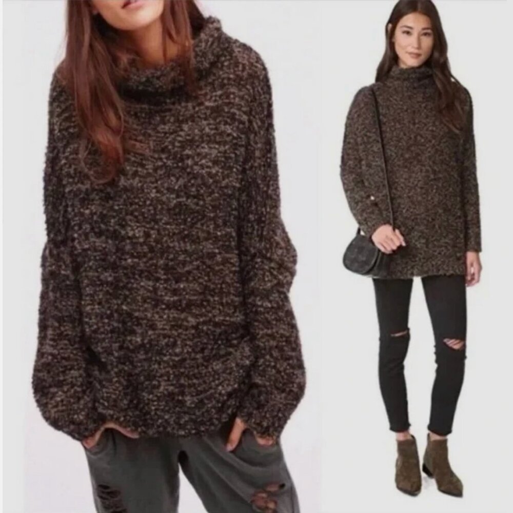 Free People Alpaca Knit Oversized Slouchy Turtleneck Sweater Lagenlook XS Brown